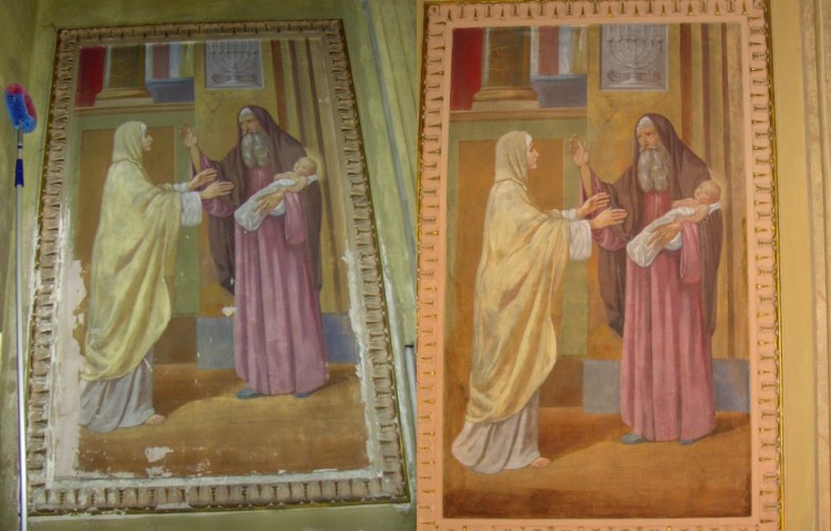 Restauro interno della chiesa di Villadosia: "Presentazione di Gesù al tempio" prima e dopo il restauro